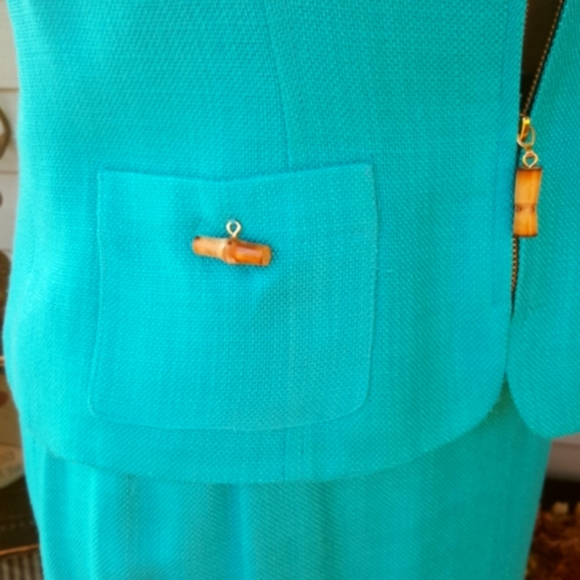 MAGGY LONDON PETITES ♡ Gorgeous Vintage Turquoise 2pc Bamboo Zip Front Suit 2P - Picture 8 of 16
